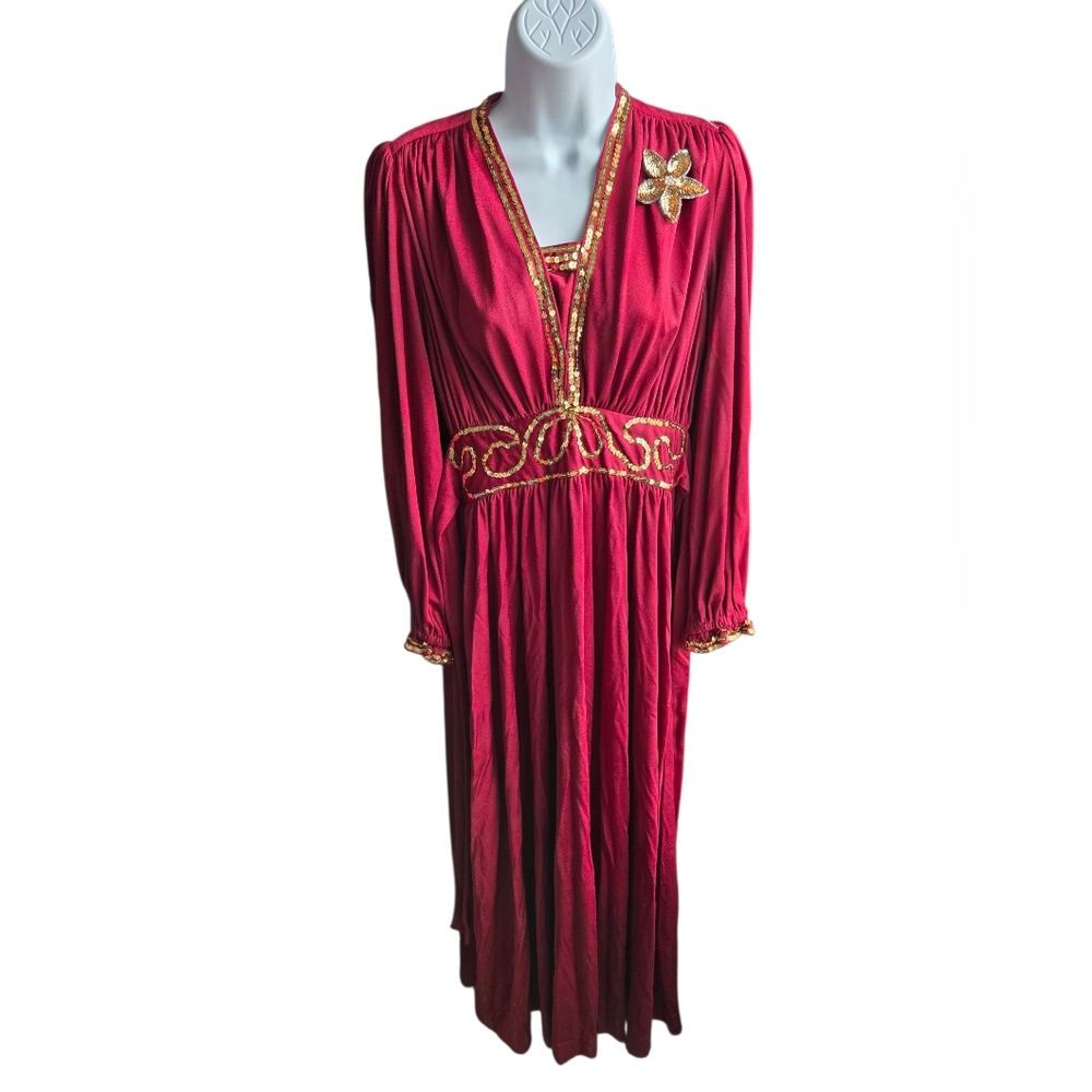 VTG Joy Stevens California Women’s Maroon Red Gold Sequin Maxi Dress Size 7/8